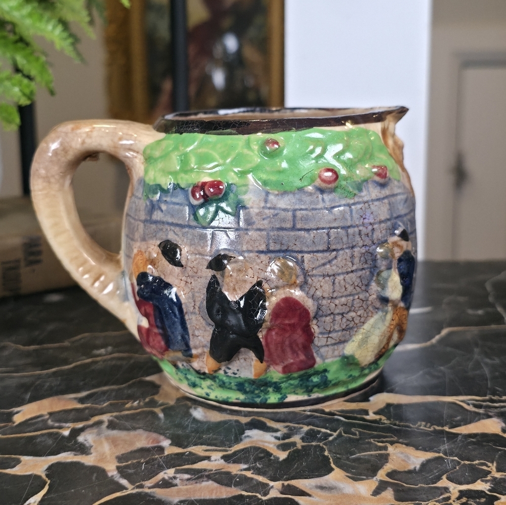 Vintage 3D Relief Pub Scene Pitcher Creamer Hand Painted Crackle Glaze 4.25"